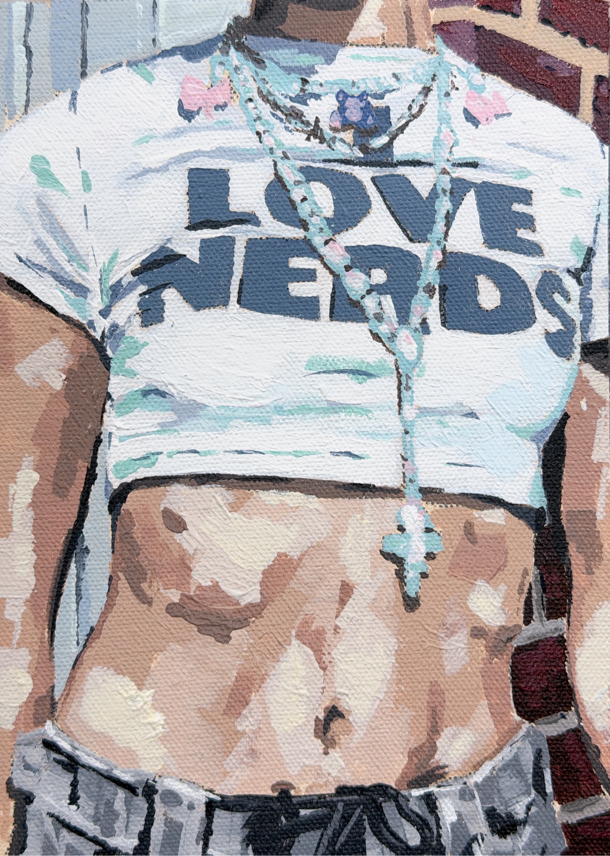 Painting, portrait of a person in an I love nerds shirt