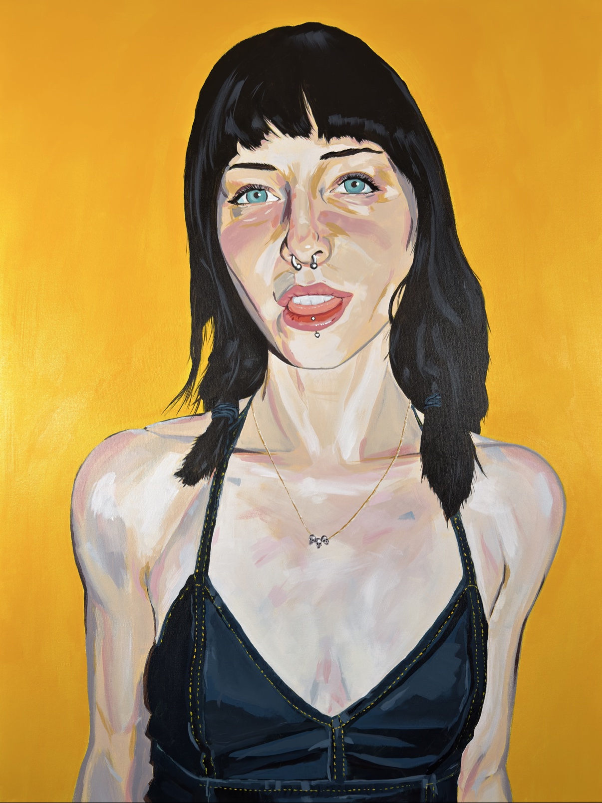 Painting, portrait of a woman with black hair on a yellow background
